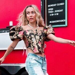 Brocade Puff Sleeve Corset Top – Baroque Floral Crop Blouse (Size S)